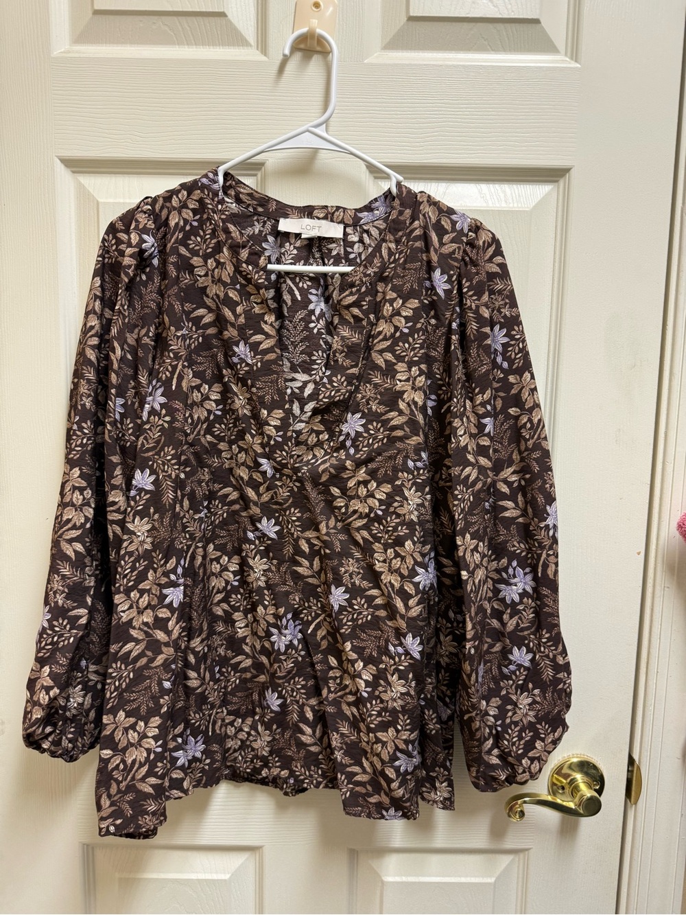 LOFT Brown Floral Wrap-Style Blouse with Lavender Accents